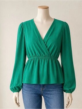 INTEMPO Green Surplice Faux Wrap Peplum Blouse Long Sleeve Size M